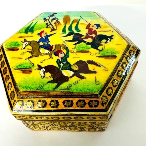 Other - VTG Persian Khatam Inlaid Wood Trinket Box Marquetry Hunting Scene Hand Painted